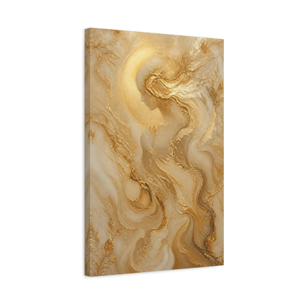 Side Mockup 3. Religious Ethereal Woman Gold And White shown as stretched canvas wall art