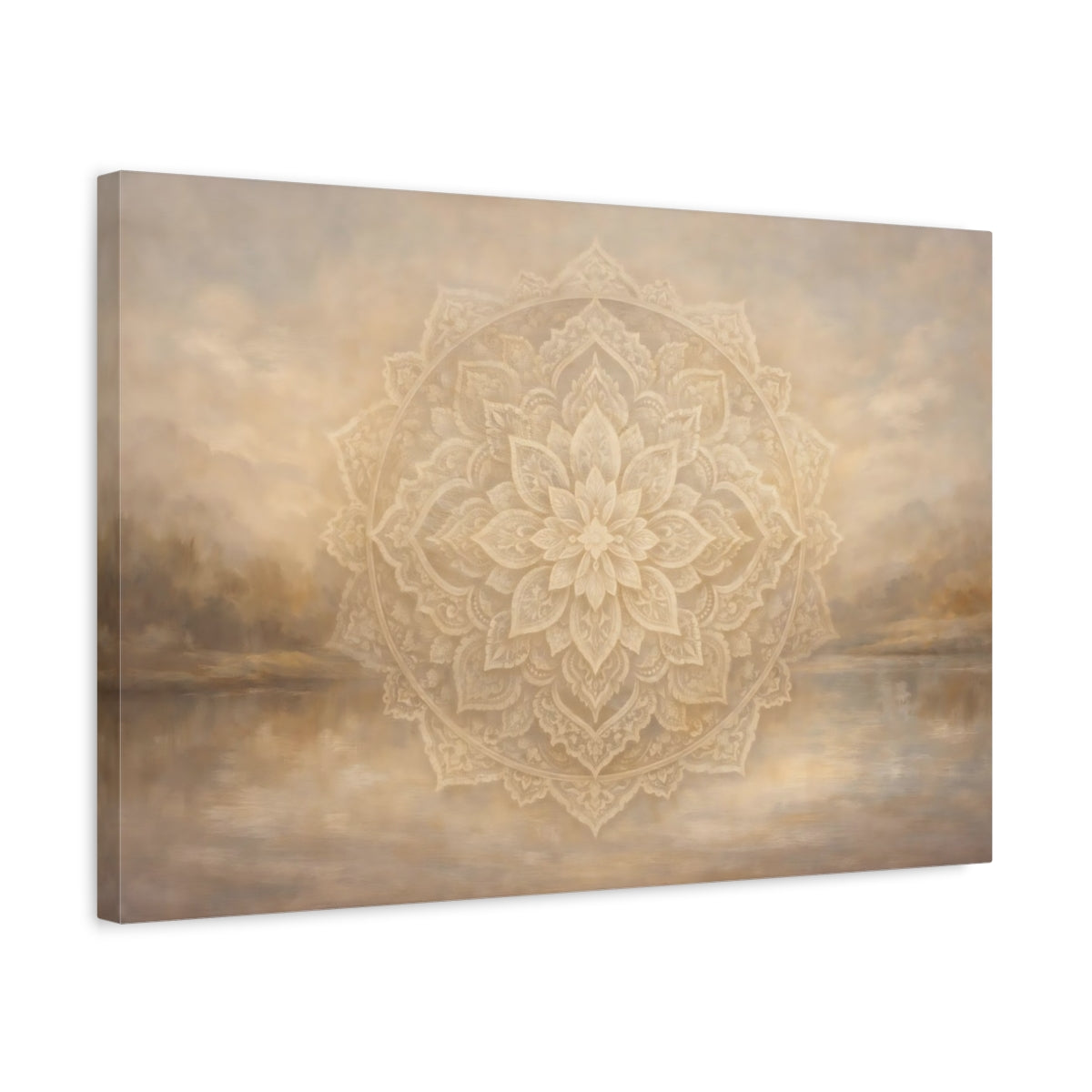 Side Mockup 3. Religious Mandala Beige Mandala shown as stretched canvas wall art