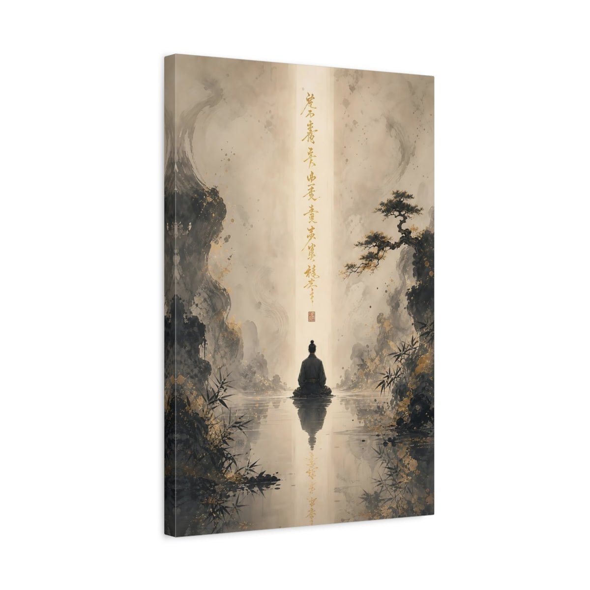 Religious Meditating Figure Black And Gold Canvas Wall Art Print – Traditional Asian Living Room, Above Sofa - YesArtYes