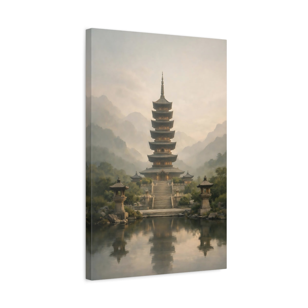 Side Mockup 3. Religious Pagoda Misty Pagoda shown as stretched canvas wall art