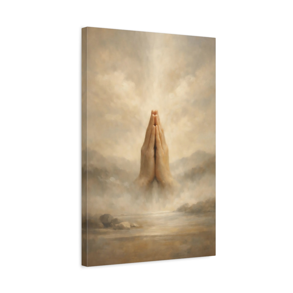 Side Mockup 3. Religious Praying Hands Brown And Beige shown as stretched canvas wall art