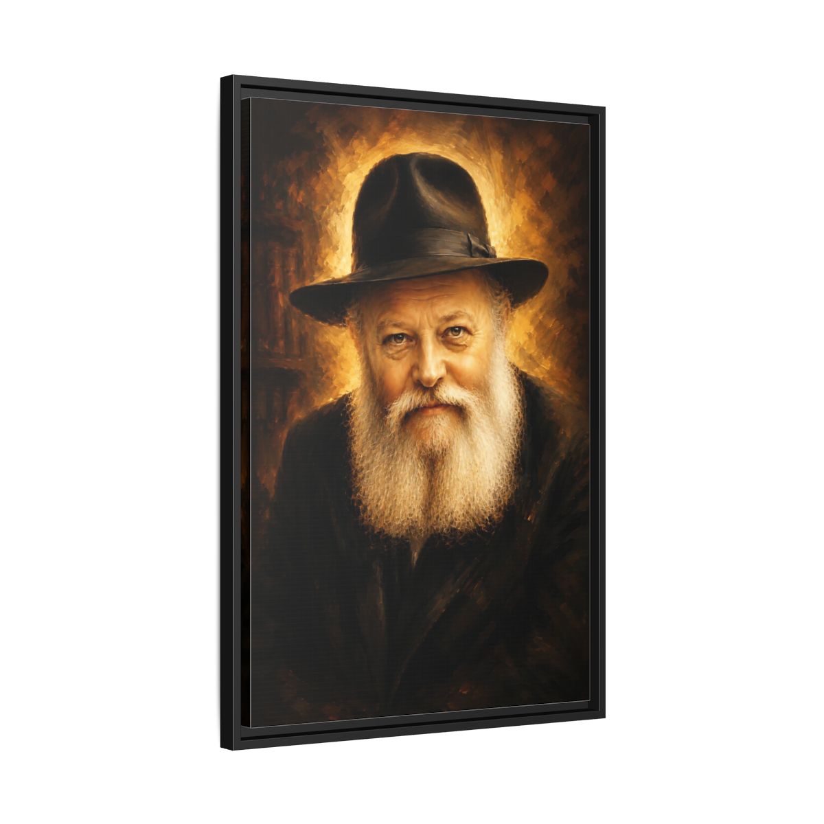Side Mockup 14. Religious Rabbi Gold And Black shown as framed canvas print