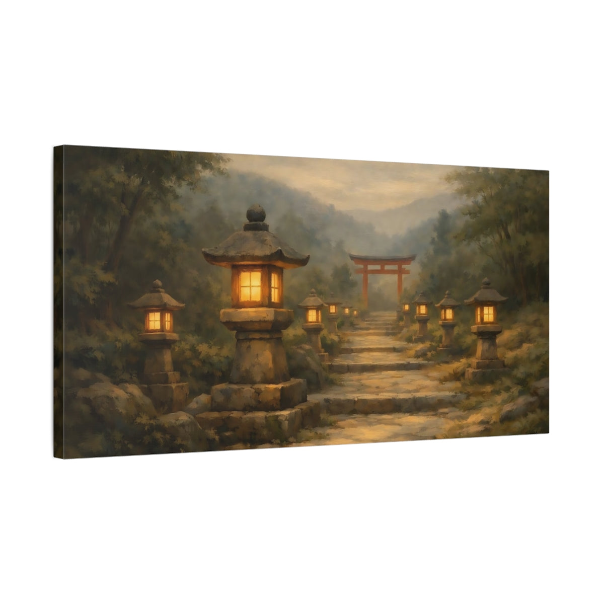 Side Mockup 2. Religious Stone Lanterns Misty Japanese Path shown as stretched canvas wall art