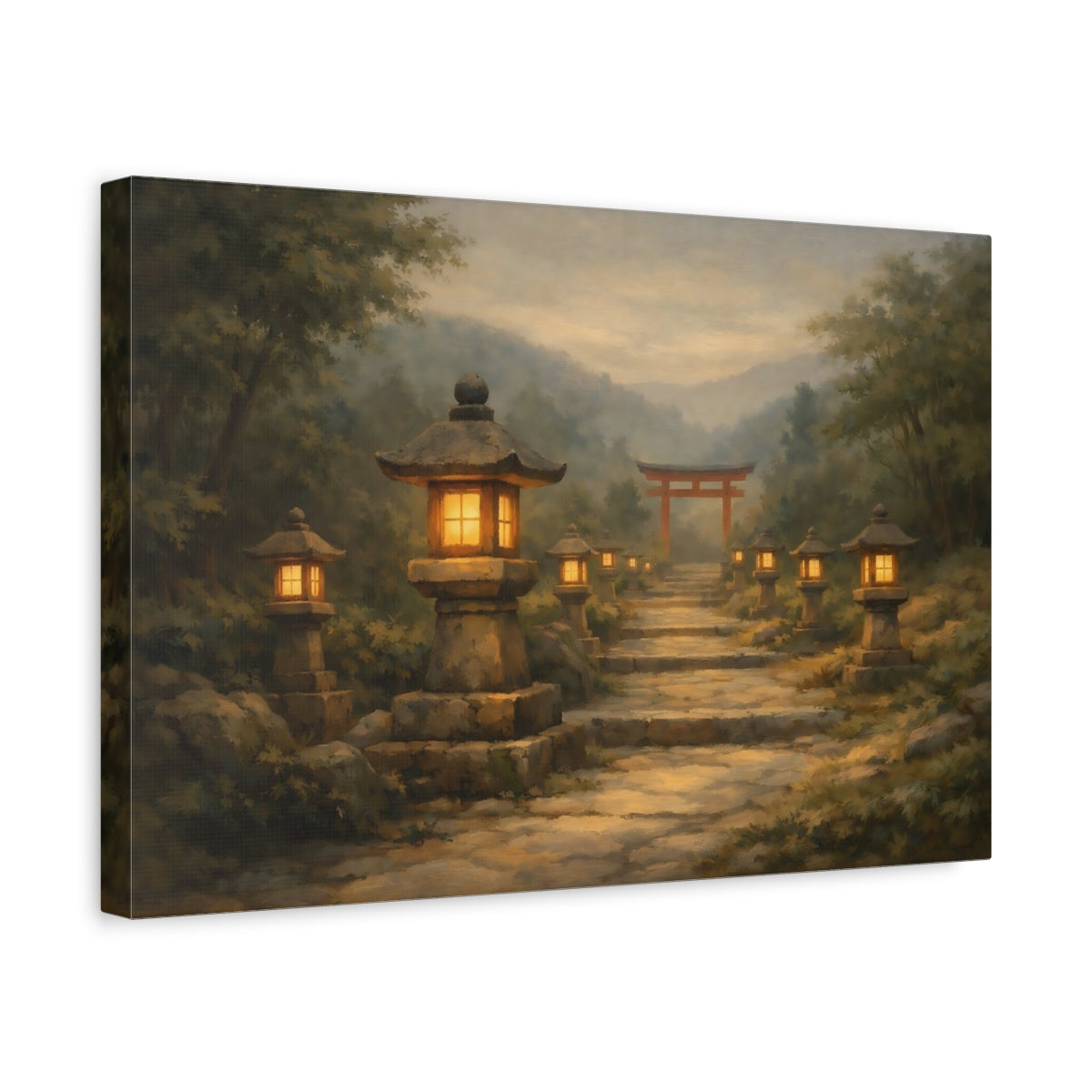 Side Mockup 4. Religious Torii Gate Japanese Garden Path shown as stretched canvas wall art