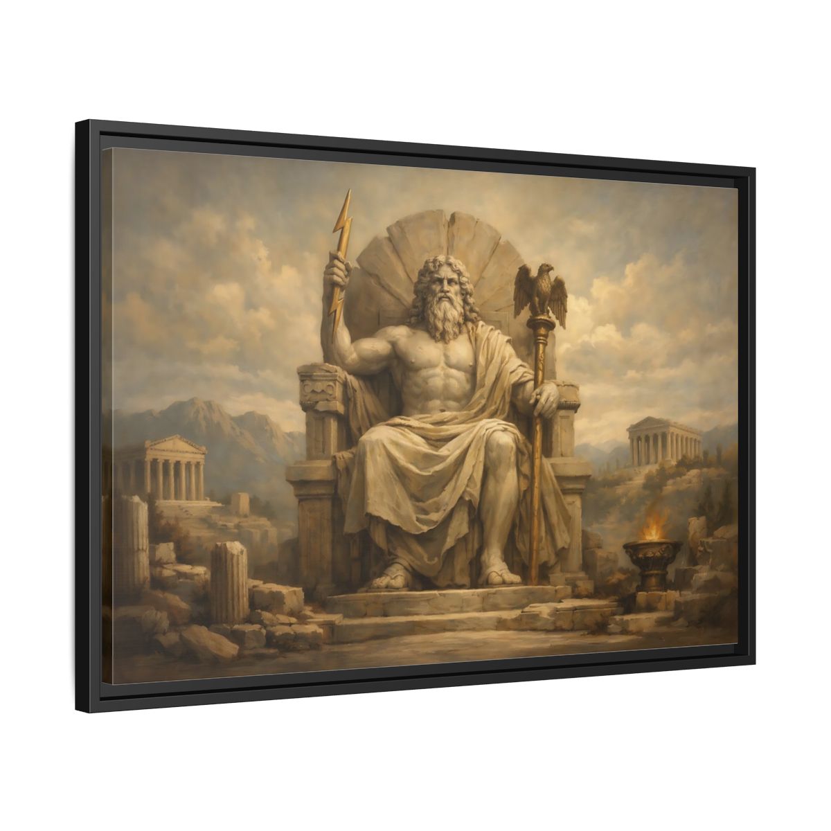 Side Mockup 14. Religious Zeus Brown And Gold shown as stretched canvas wall art