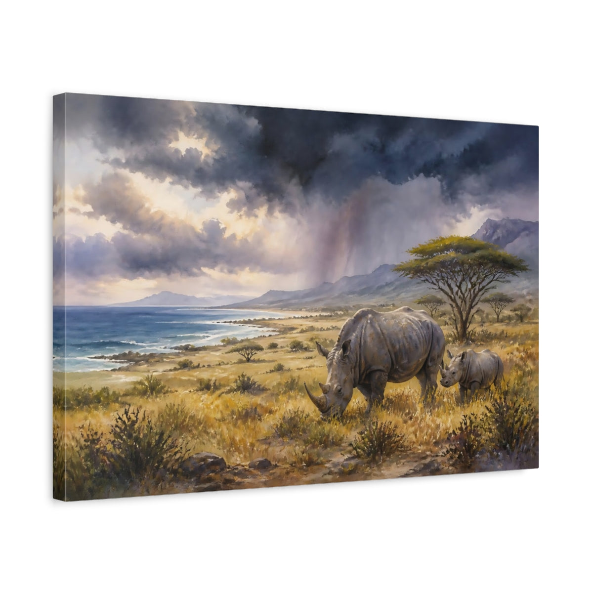 Side Mockup 3. Rhinos Beneath Storm Clouds shown as canvas print
