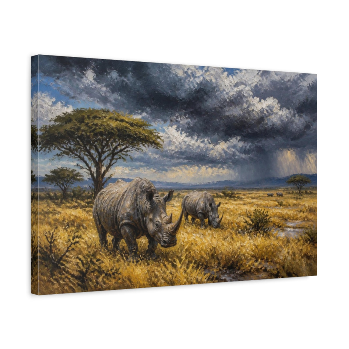 Side Mockup 3. Rhinos In Stormy Landscape shown as canvas print
