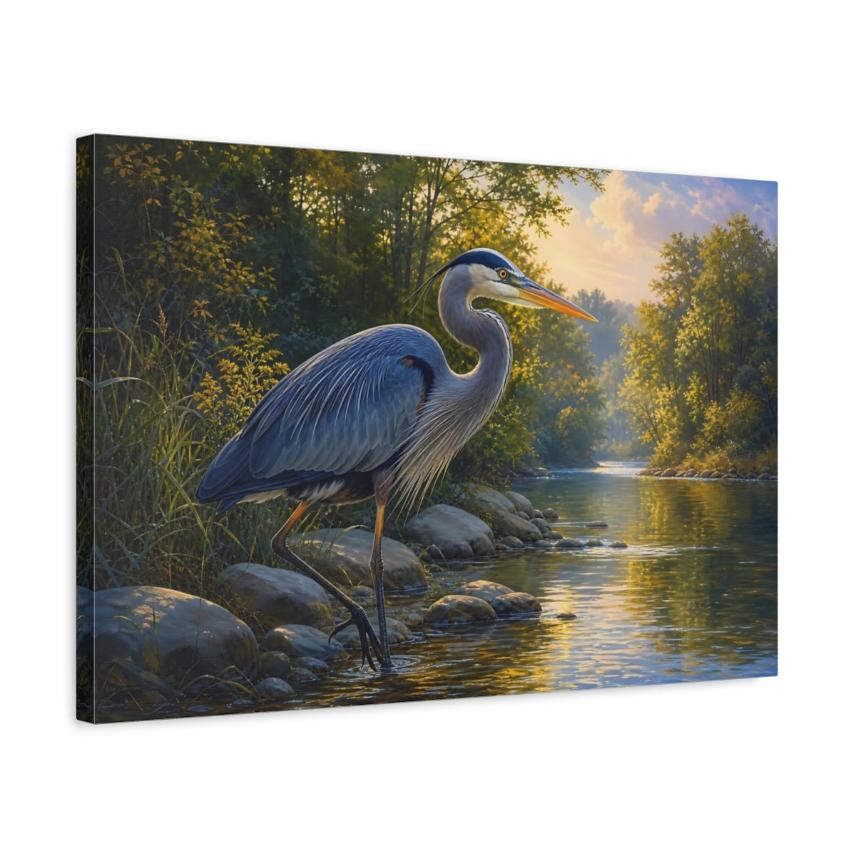 Side Mockup 3. Rich Layered Realism Blue Heron By Quiet River shown as stretched canvas wall art