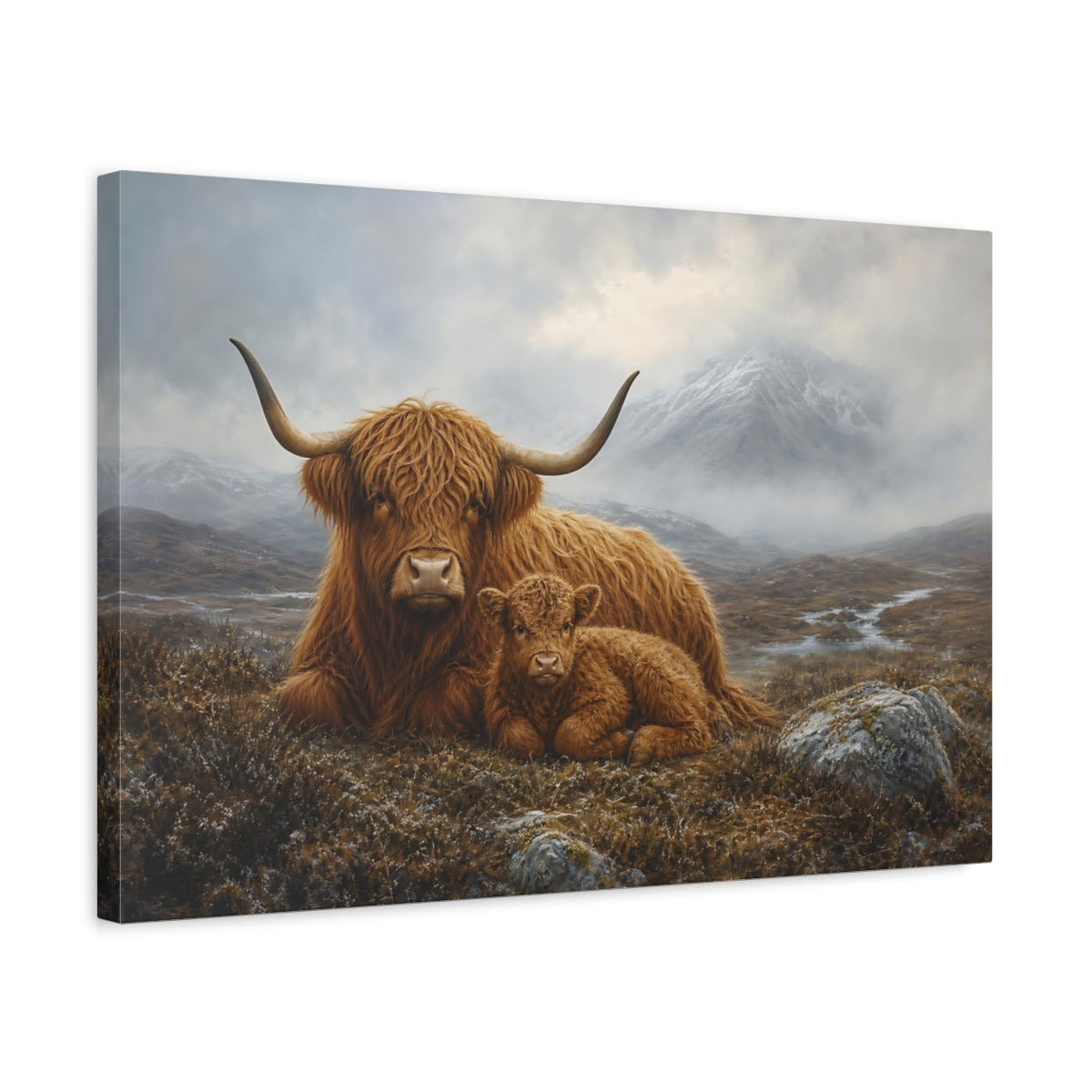 Side Mockup 3. Rich Layered Realism Highland Cow In Cold Moor Mist shown as stretched canvas wall art