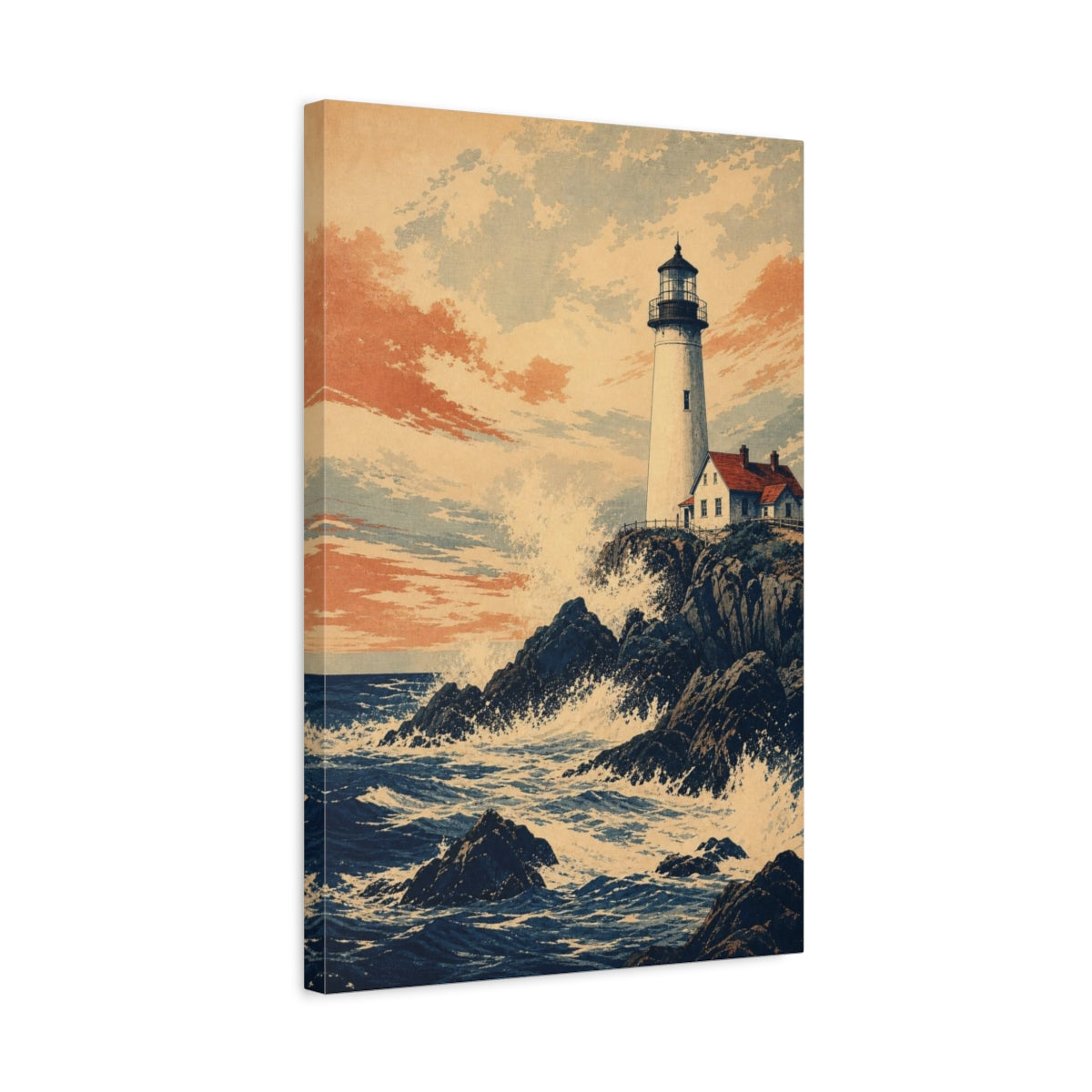 Side Mockup 3. Rocky Coast Lighthouse shown as canvas print