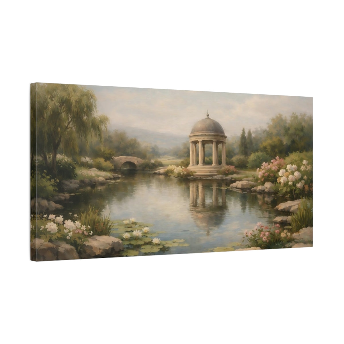 Side Mockup 2. Nature Classical Gazebo Muted Garden Landscape shown as stretched canvas wall art