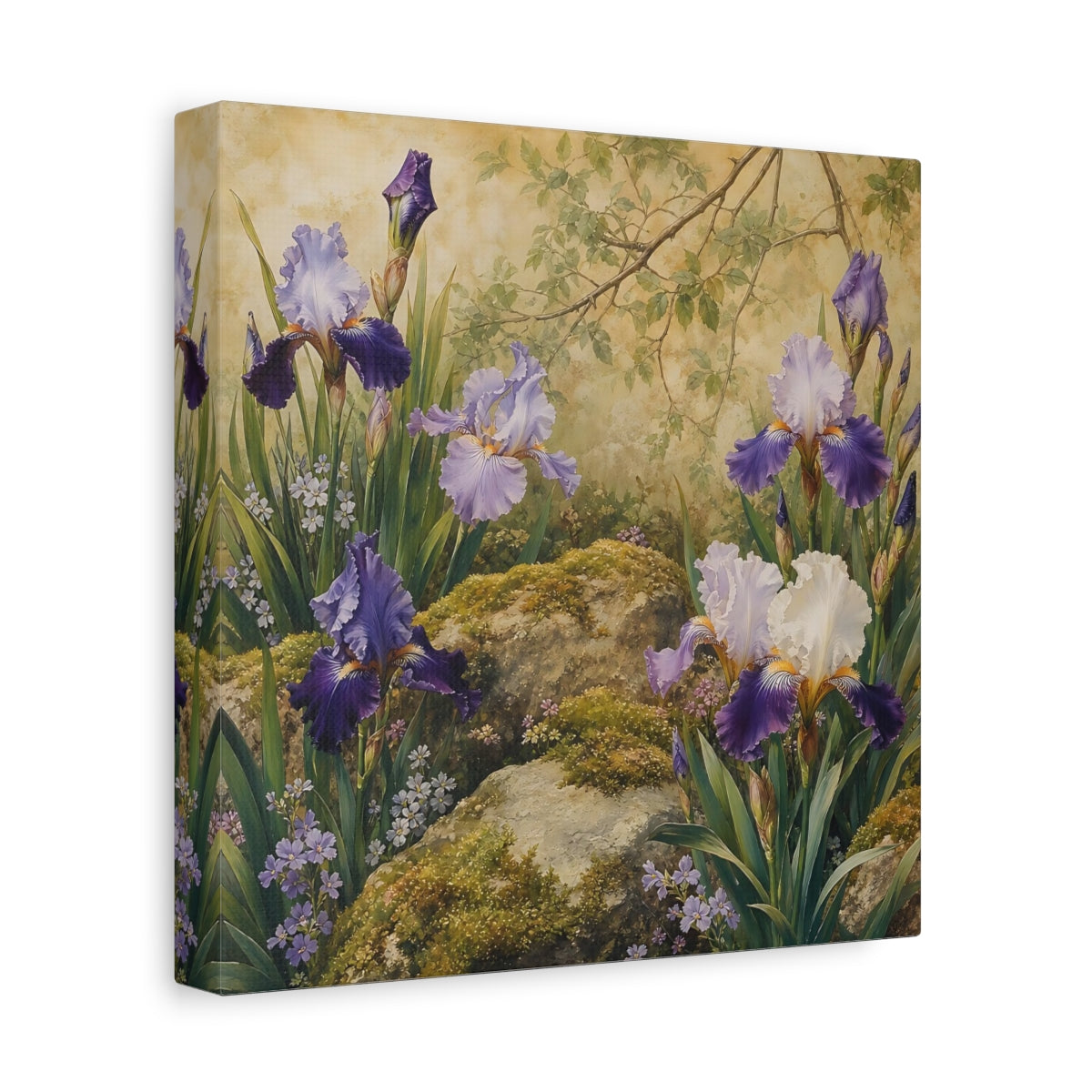 Side Mockup 9. Romantic Vintage Painting Garden Irises With Mossy Rocks shown as stretched canvas wall art