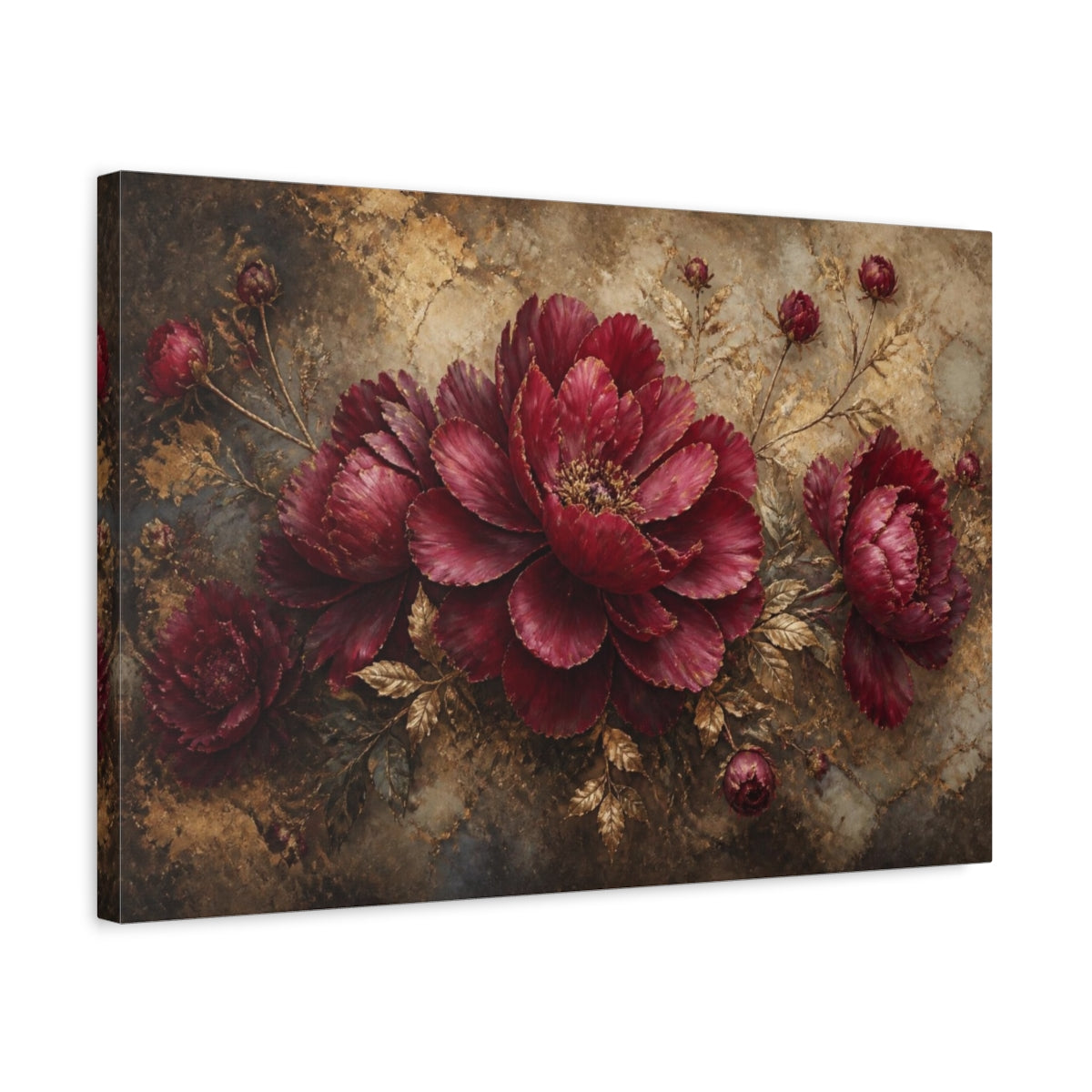 Side Mockup 3. Ruby Petals Unfolding shown as canvas print