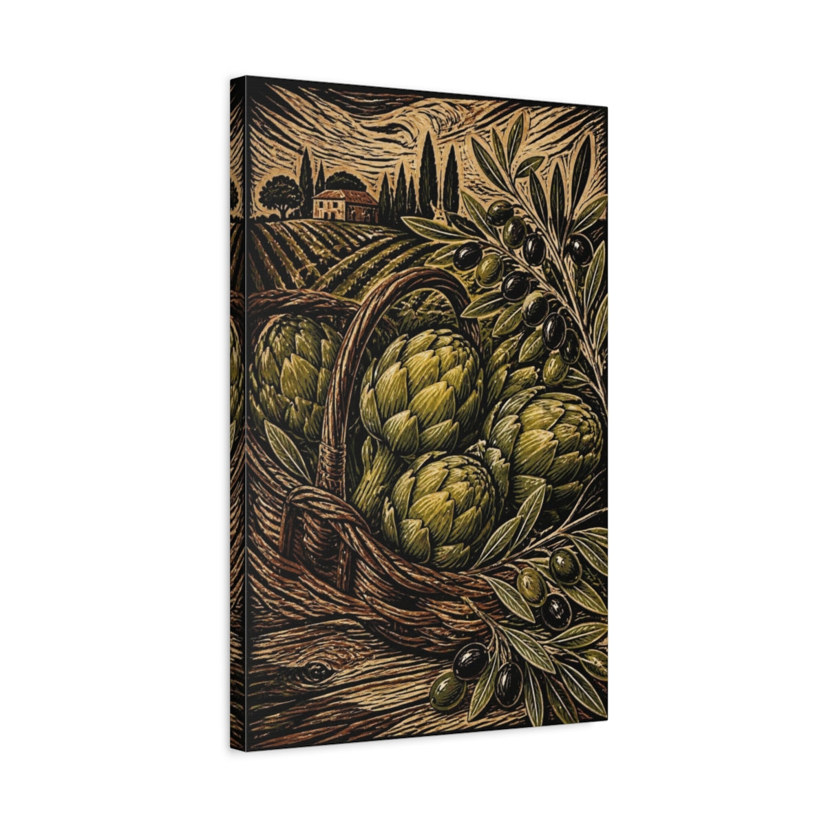 Side Mockup 3. Rustic Artichoke Harvest shown as canvas print