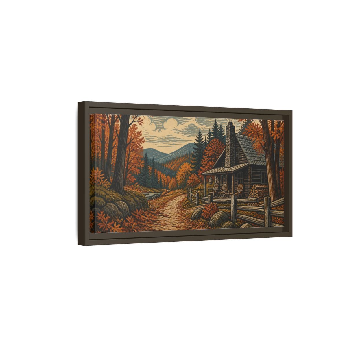 Side Mockup 7. Rustic Autumn Cabin Path shown as framed canvas print