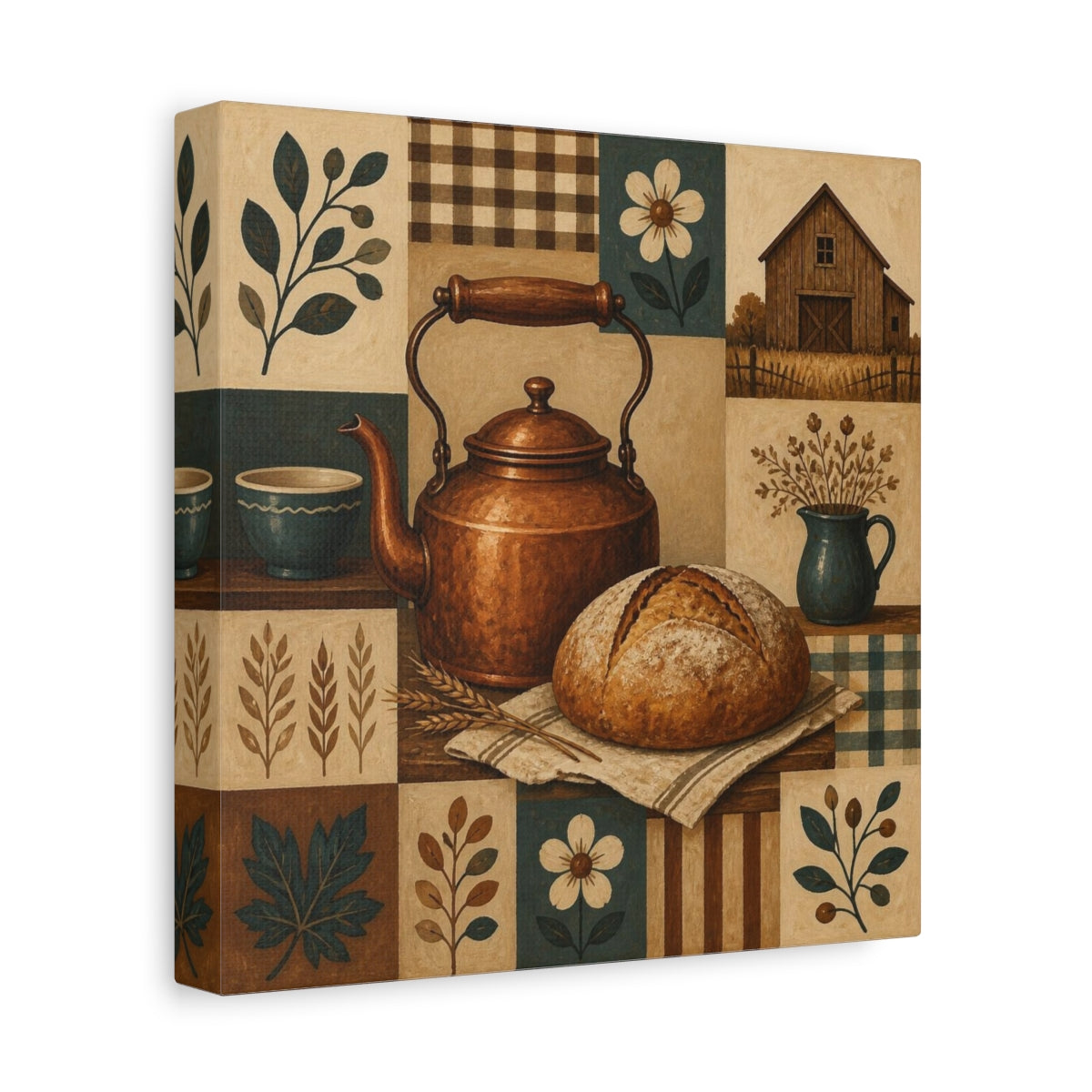Side Mockup 9. Rustic Copper Kettle Still Life shown as canvas print