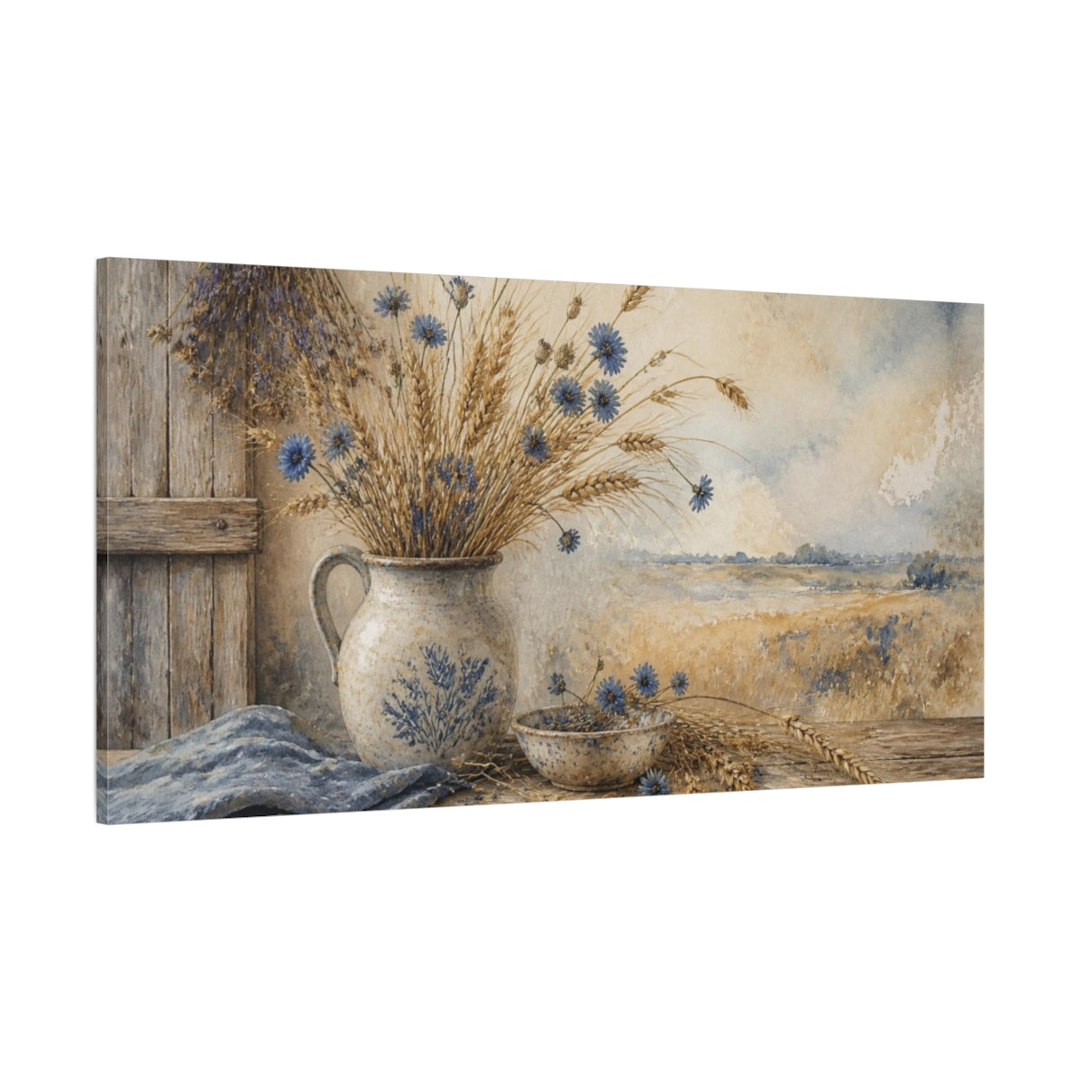 Side Mockup 2. Rustic Cornflowers In Jug shown as canvas print