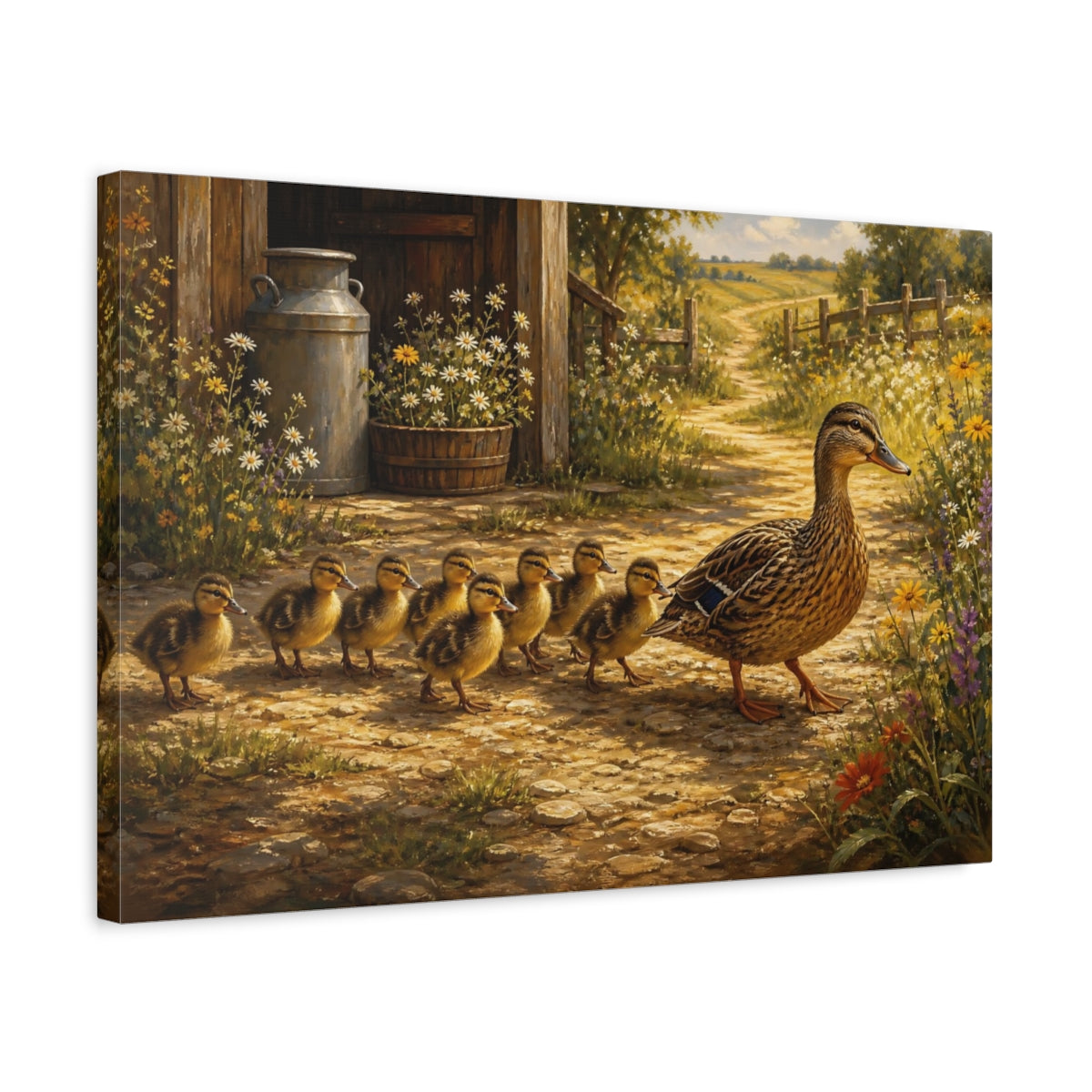 Side Mockup 3. Rustic Farmhouse Realism Ducklings Following Mother Duck shown as stretched canvas wall art