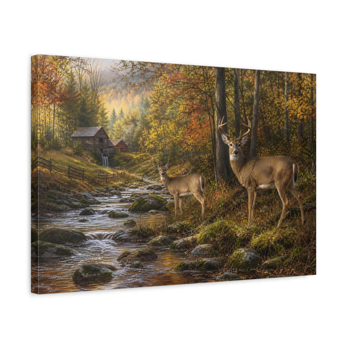 Side Mockup 3. Rustic Farmhouse Realism White-Tailed Deer Near Forest Stream shown as stretched canvas wall art