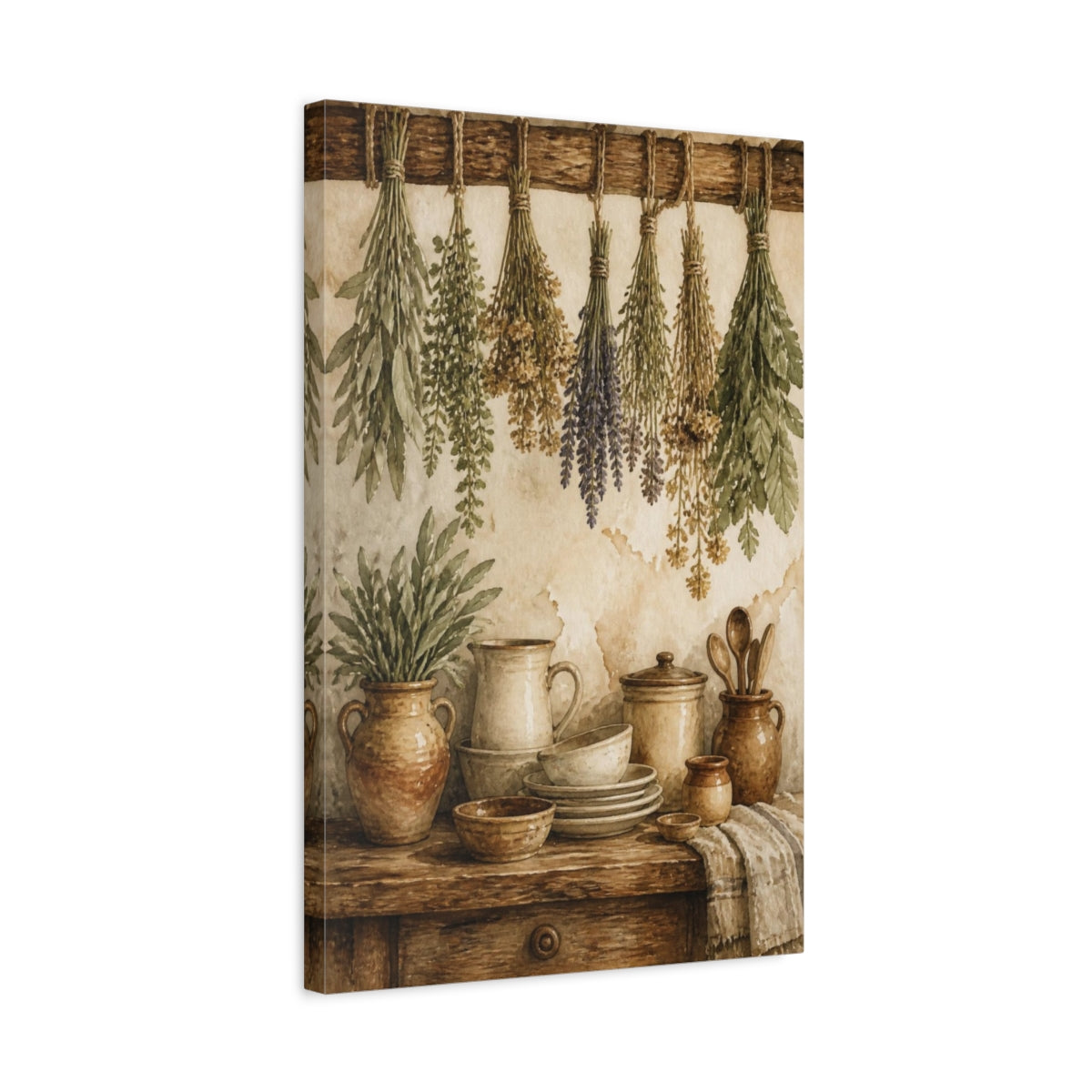 Side Mockup 3. Rustic Hanging Herbs & Crockery shown as canvas print