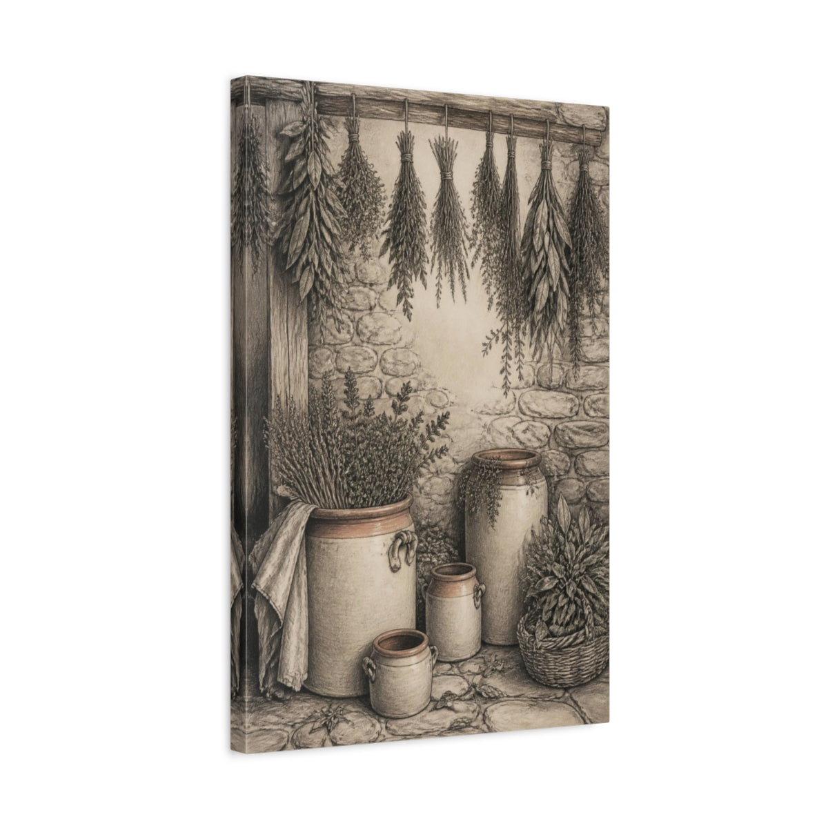 Side Mockup 3. Rustic Herb Crocks shown as canvas print