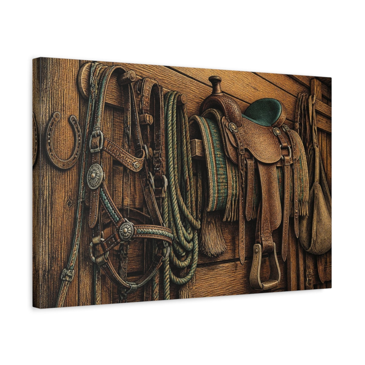 Side Mockup 3. Rustic Leather Saddle shown as canvas print