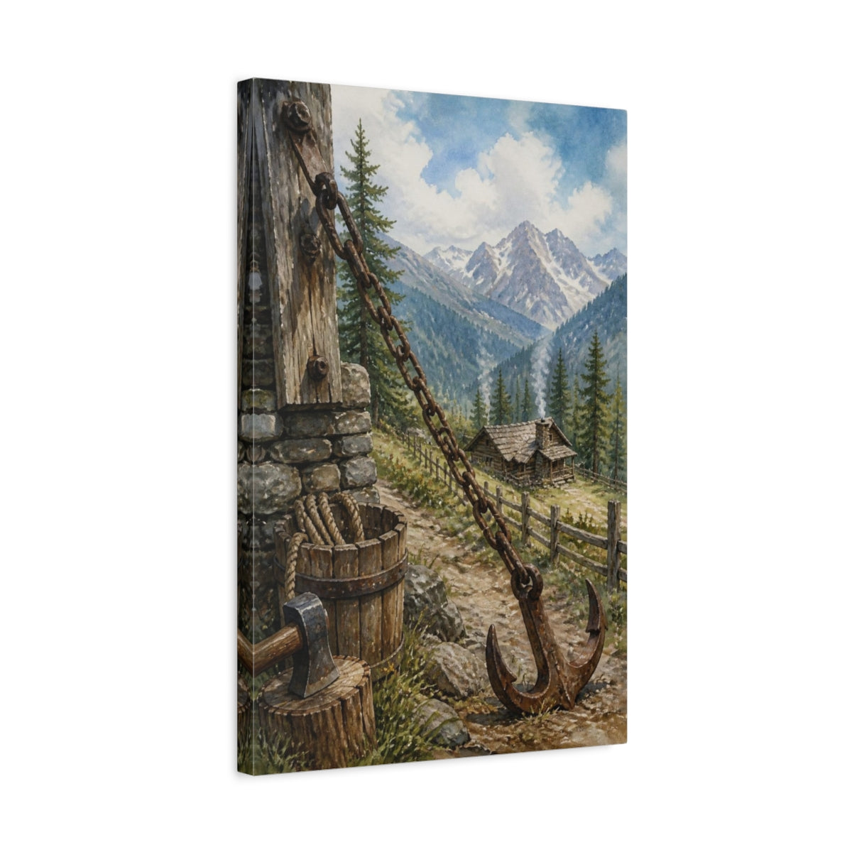 Side Mockup 3. Rustic Mountain Cabin shown as canvas print