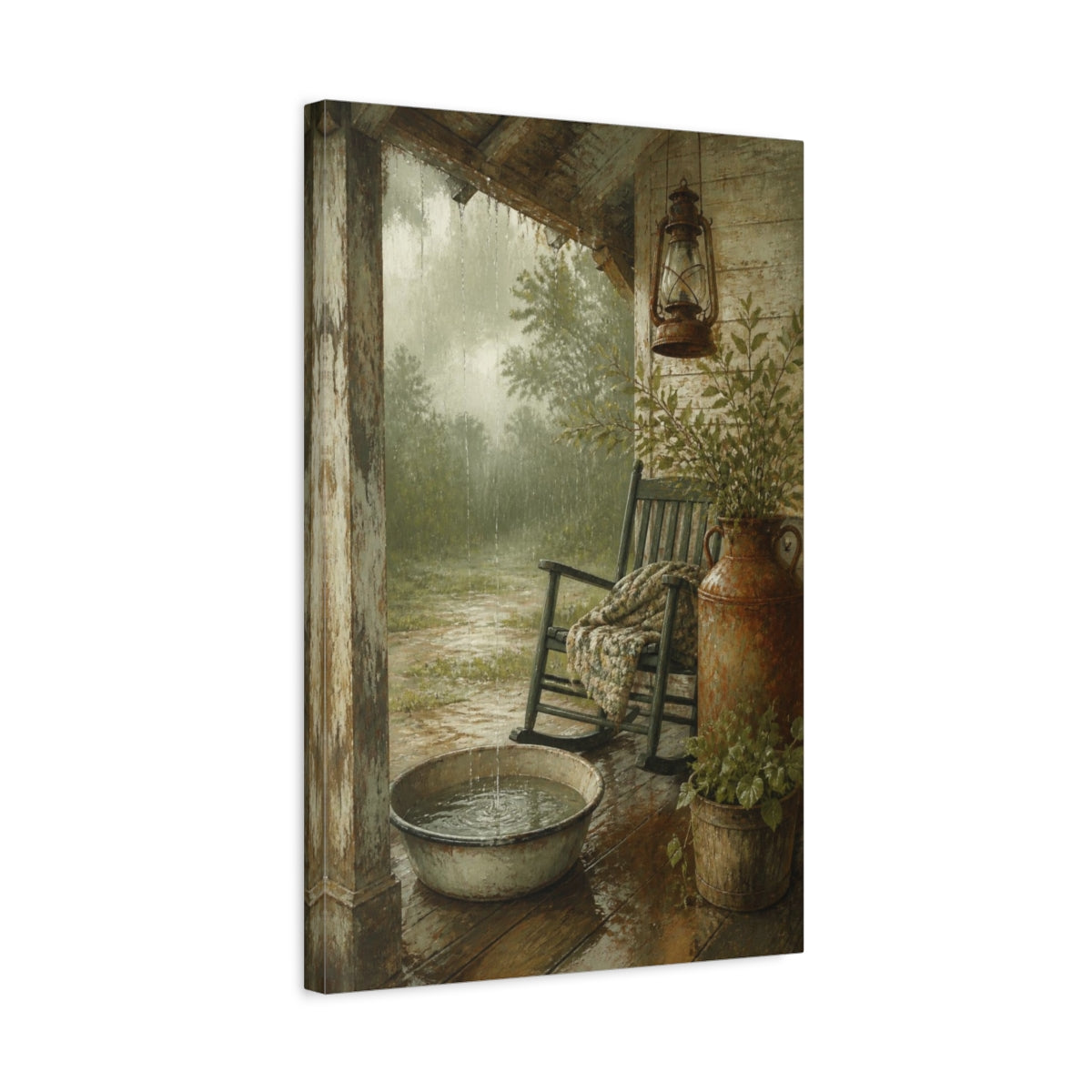 Side Mockup 3. Rustic Porch Rocking Chair shown as canvas print