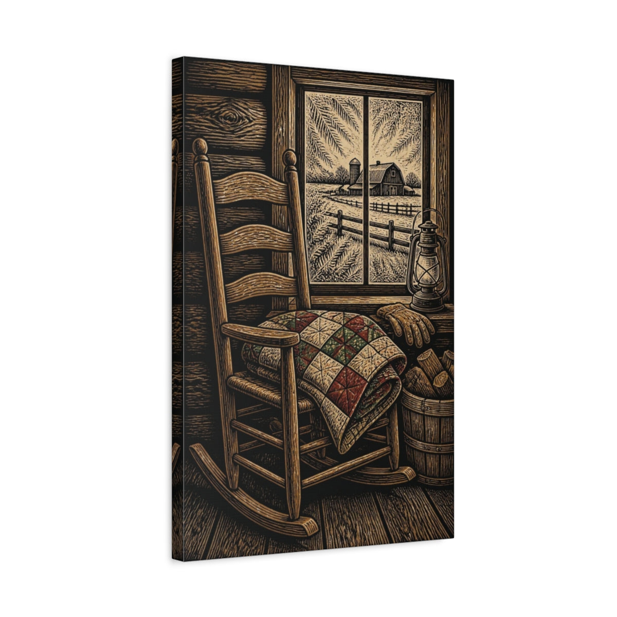 Side Mockup 3. Rustic Rocking Chair Quilt shown as canvas print