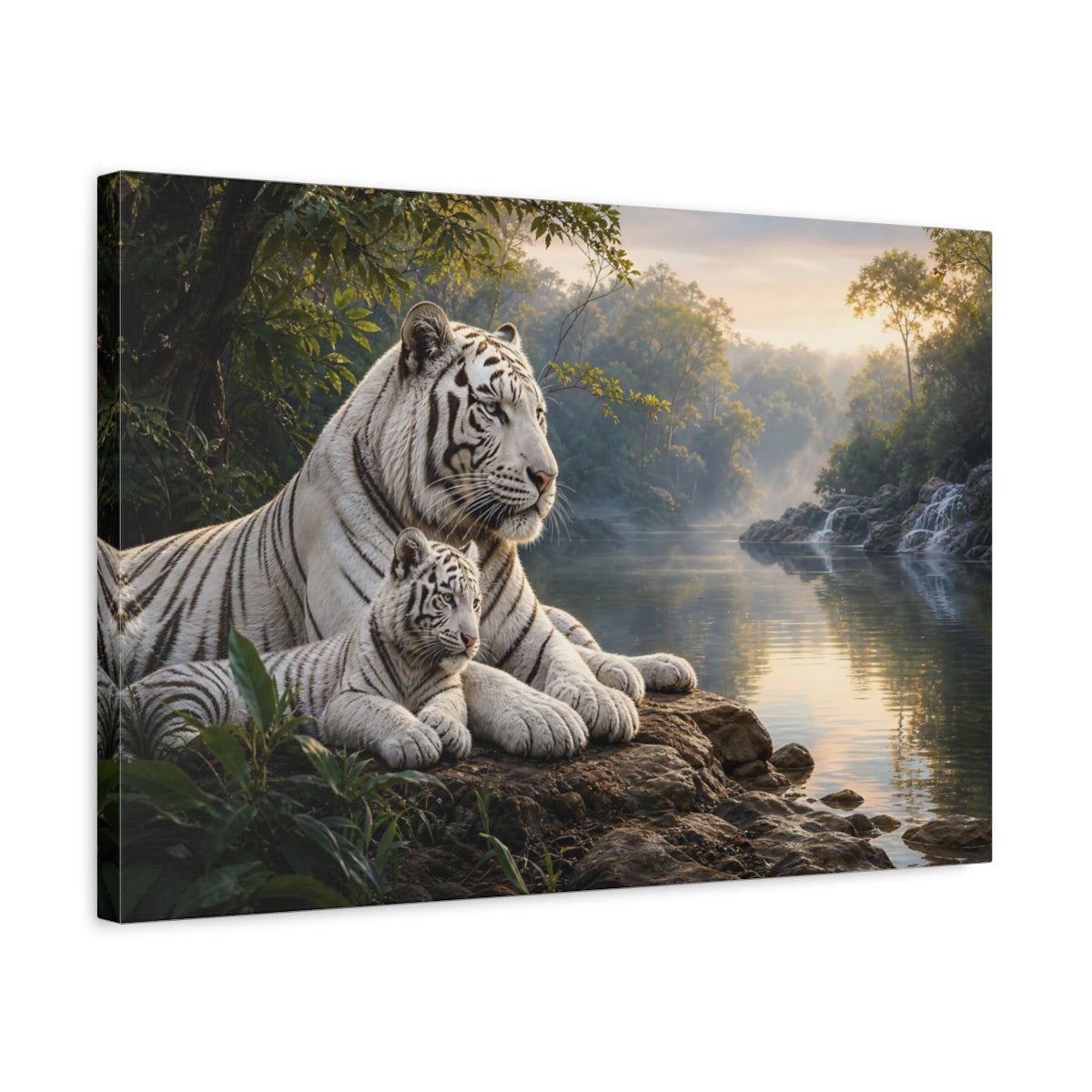 Side Mockup 3. Safari Luxury Realism White Tiger Beside Misty Forest Water shown as stretched canvas wall art
