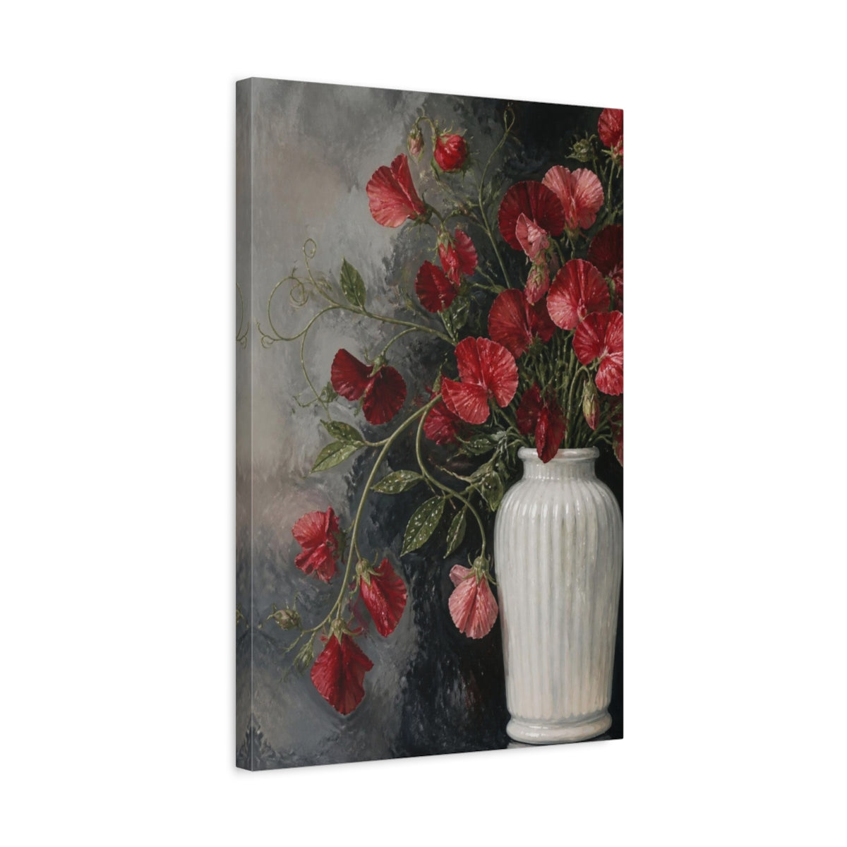 Side Mockup 3. Scarlet Sweet Pea Flowers shown as canvas print