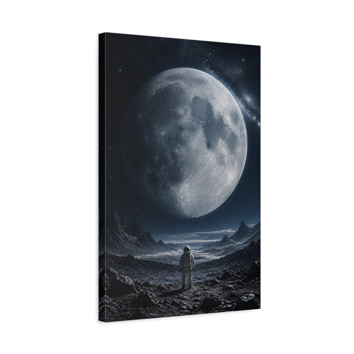 Side Mockup 3. Science Fiction Astronaut Monochrome Space shown as stretched canvas wall art