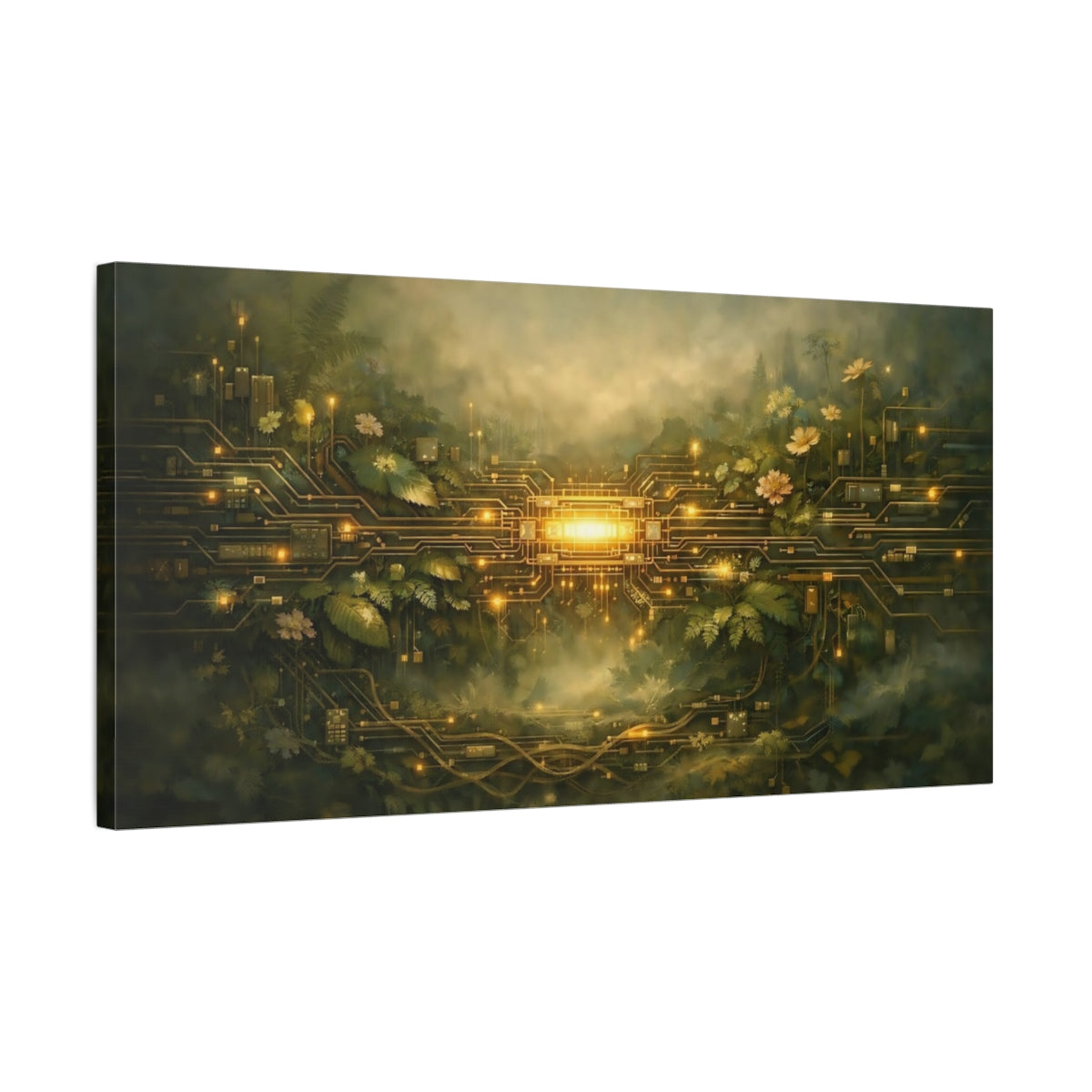 Side Mockup 2. Science Fiction Bio-Circuitry Green And Gold shown as stretched canvas wall art