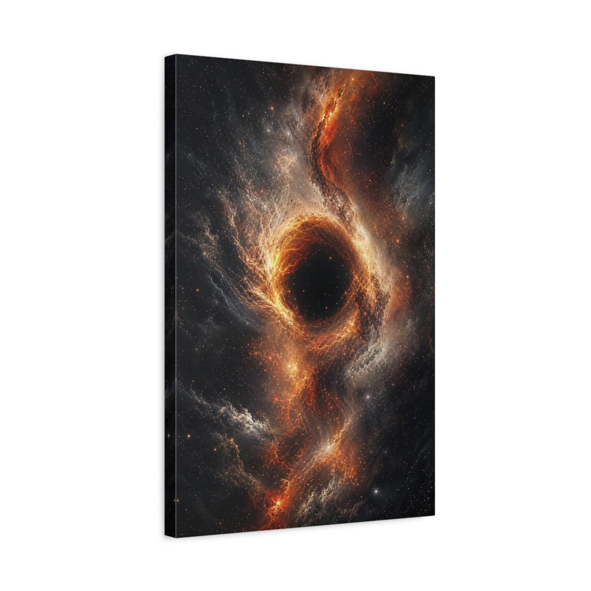 Side Mockup 3. Science Fiction Black Hole Orange And Black Nebula shown as stretched canvas wall art