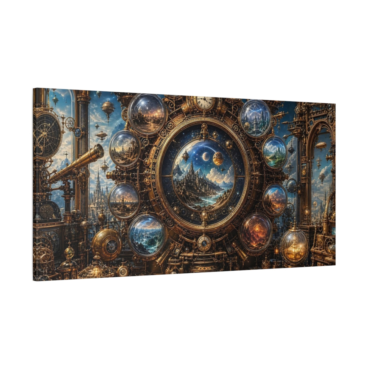 Side Mockup 2. Science Fiction Celestial Clock Gold And Blue shown as stretched canvas wall art