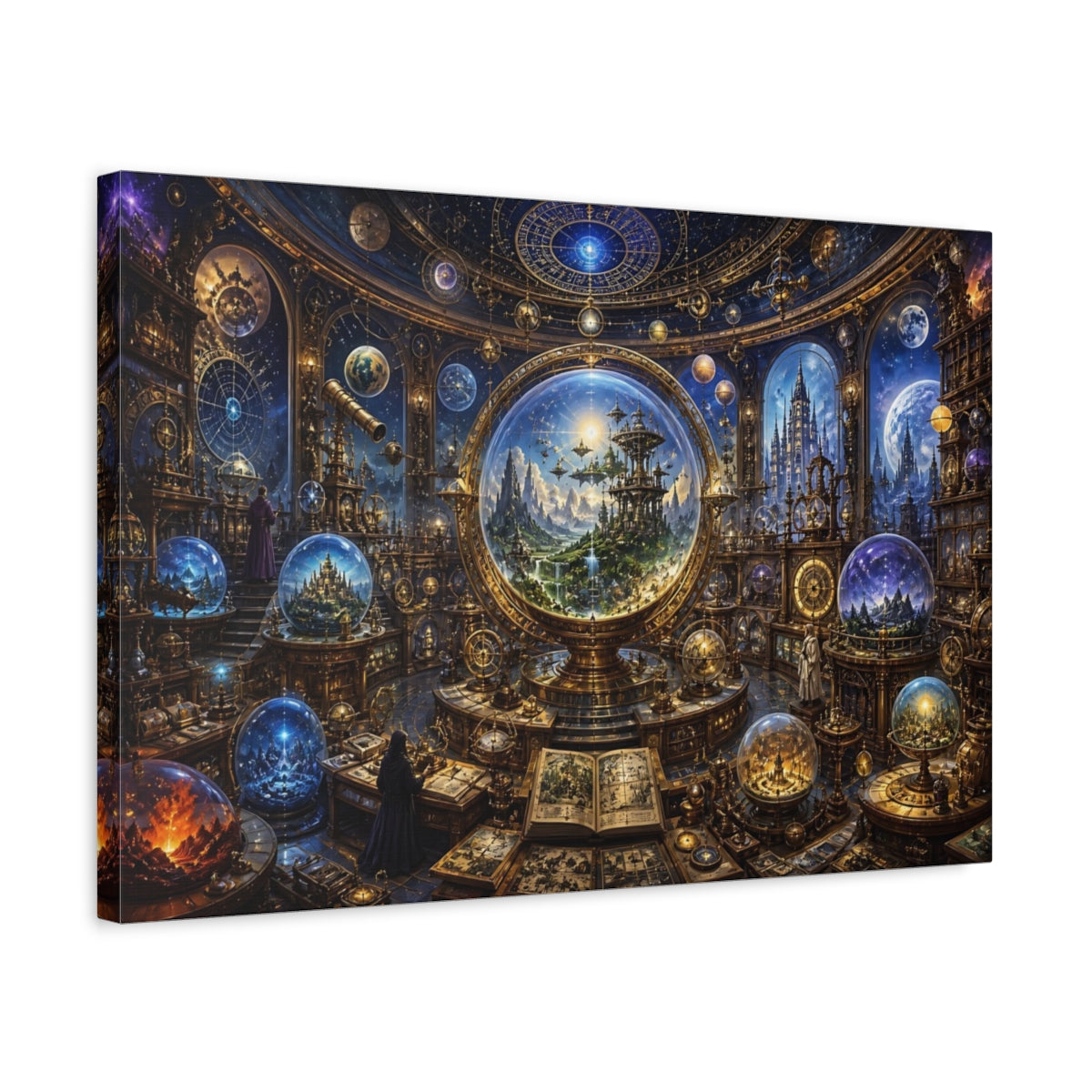 Side Mockup 3. Science Fiction Celestial Observatory Blue And Gold shown as stretched canvas wall art