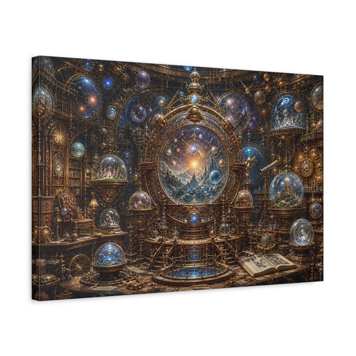 Side Mockup 3. Science Fiction Celestial Orrery Gold And Blue Orrery shown as stretched canvas wall art