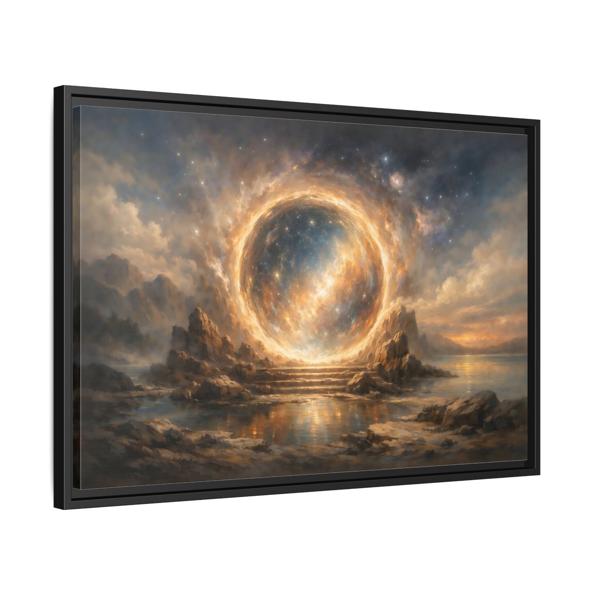 Side Mockup 14. Science Fiction Celestial Portal Orange Blue Portal shown as stretched canvas wall art