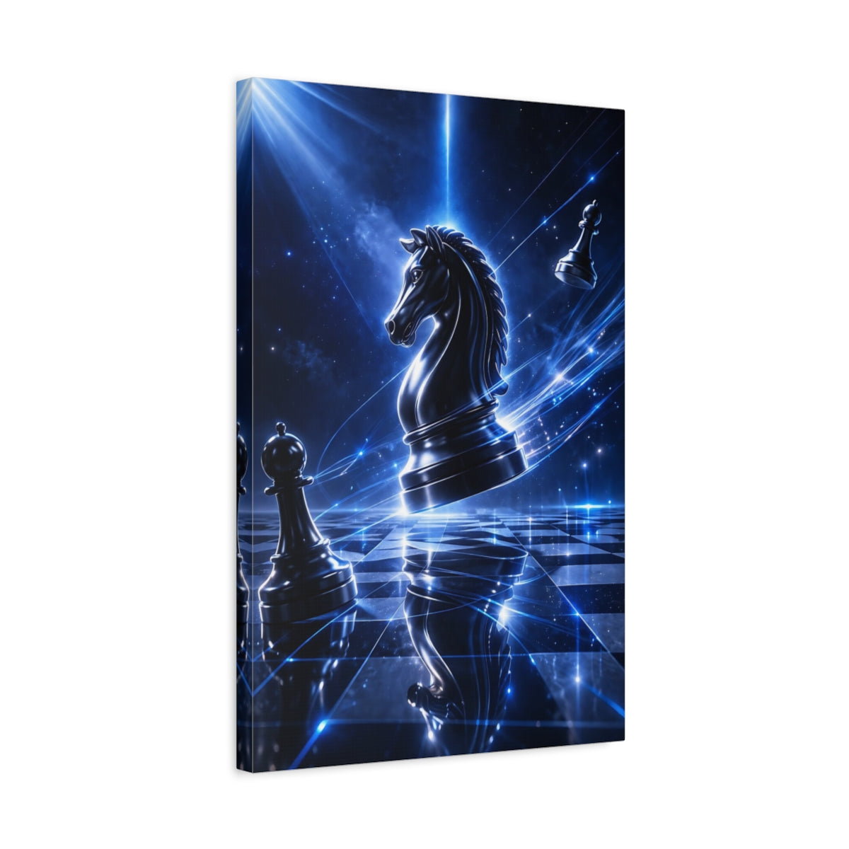 Side Mockup 3. Science Fiction Chess Knight Blue Sci-Fi Chess shown as stretched canvas wall art