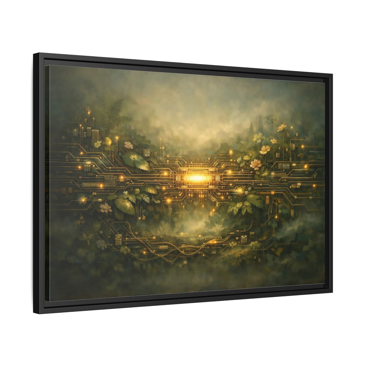 Side Mockup 14. Science Fiction Circuit Board Green And Gold shown as stretched canvas wall art