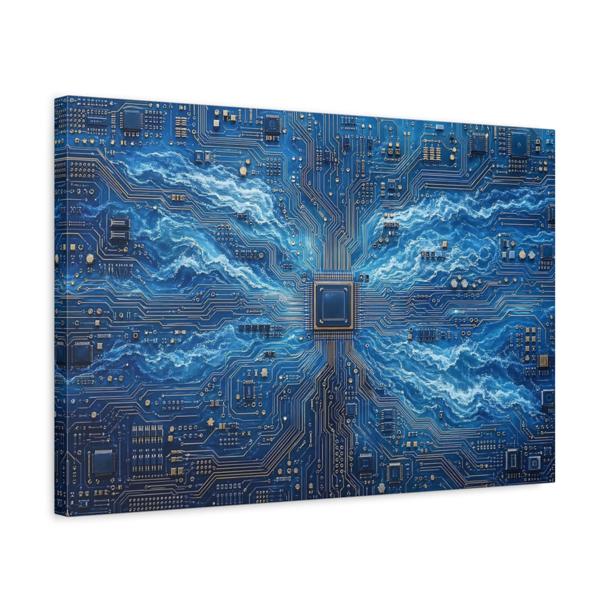 Side Mockup 3. Science Fiction Circuitry Waves Blue And Gold shown as stretched canvas wall art