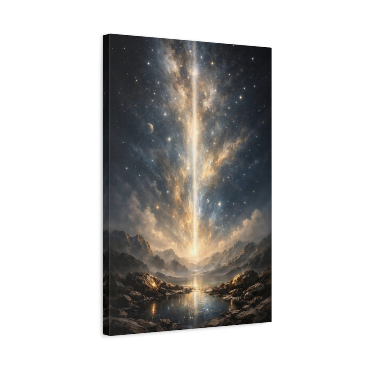 Side Mockup 3. Science Fiction Cosmic Beam Golden Cosmic Landscape shown as stretched canvas wall art