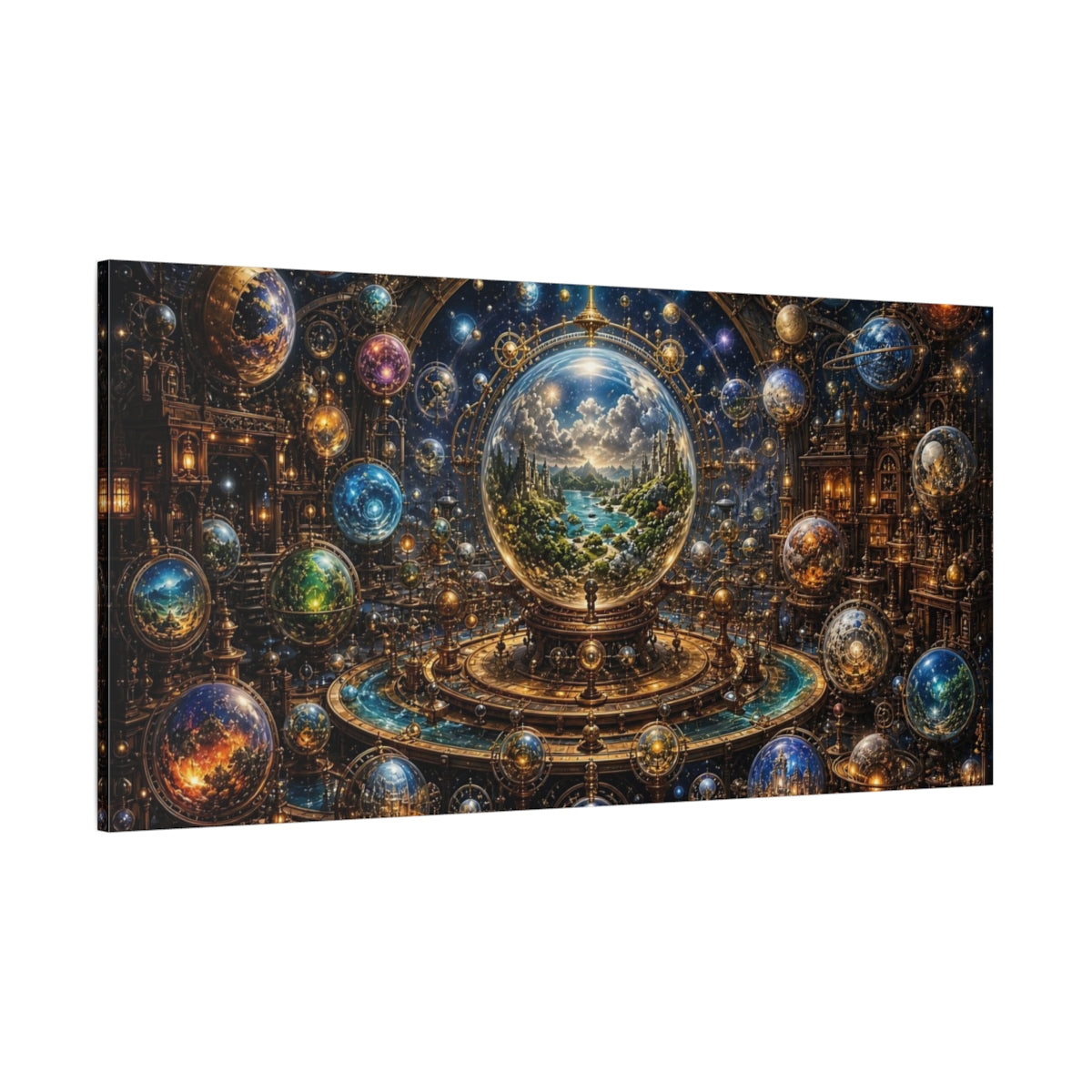 Side Mockup 2. Science Fiction Cosmic Orrery Steampunk Cosmology shown as stretched canvas wall art