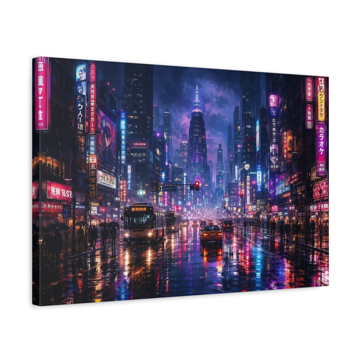 Side Mockup 3. Science Fiction Cyberpunk City Purple And Blue shown as stretched canvas wall art
