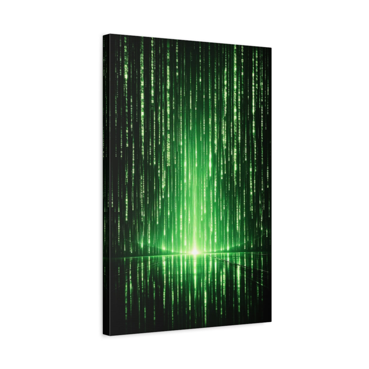 Side Mockup 3. Science Fiction Digital Code Green Digital Code shown as stretched canvas wall art