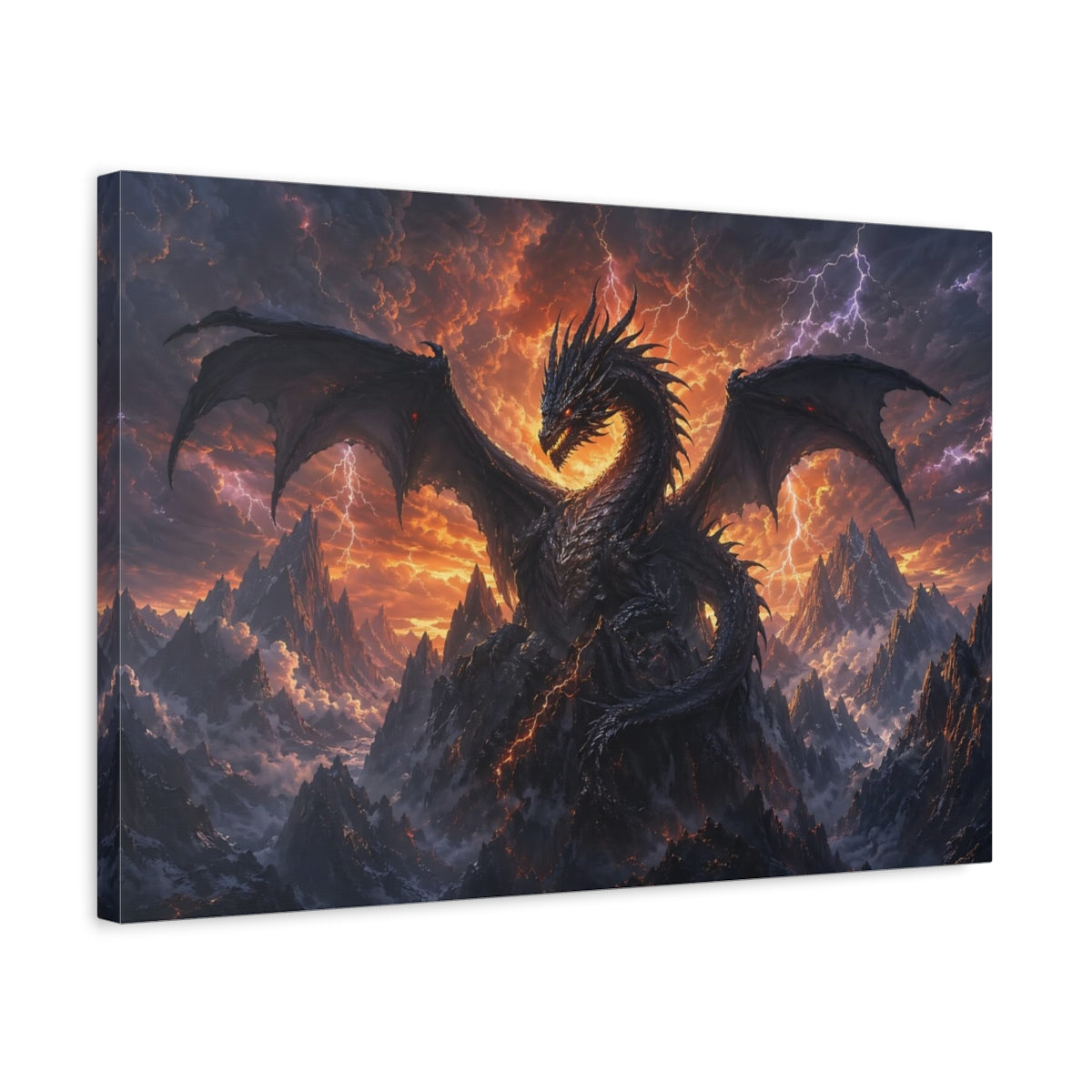 Side Mockup 3. Science Fiction Dragon Black Dragon shown as stretched canvas wall art