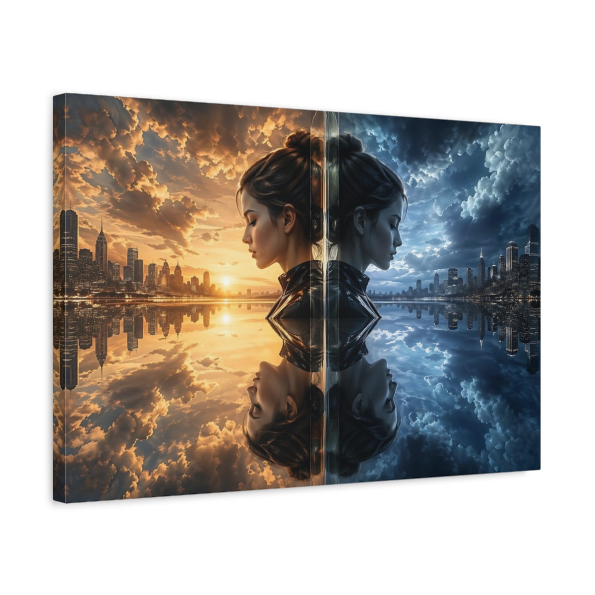 Side Mockup 3. Science Fiction Duality Woman Day Night Cityscape shown as stretched canvas wall art