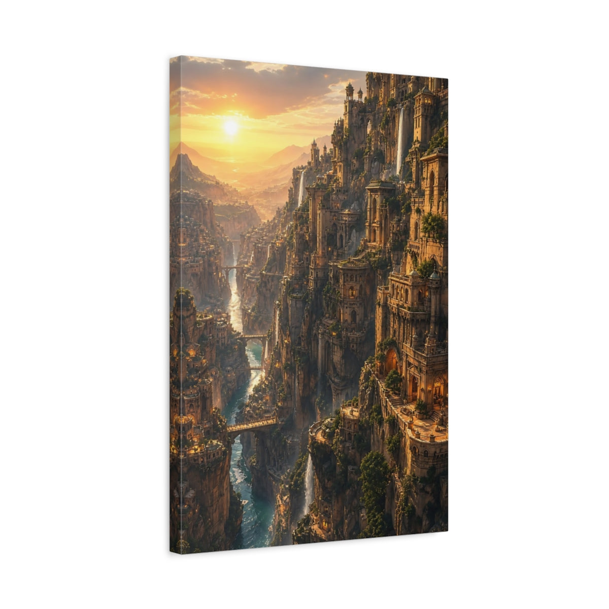 Side Mockup 3. Science Fiction Fantasy City Golden Canyon City shown as stretched canvas wall art