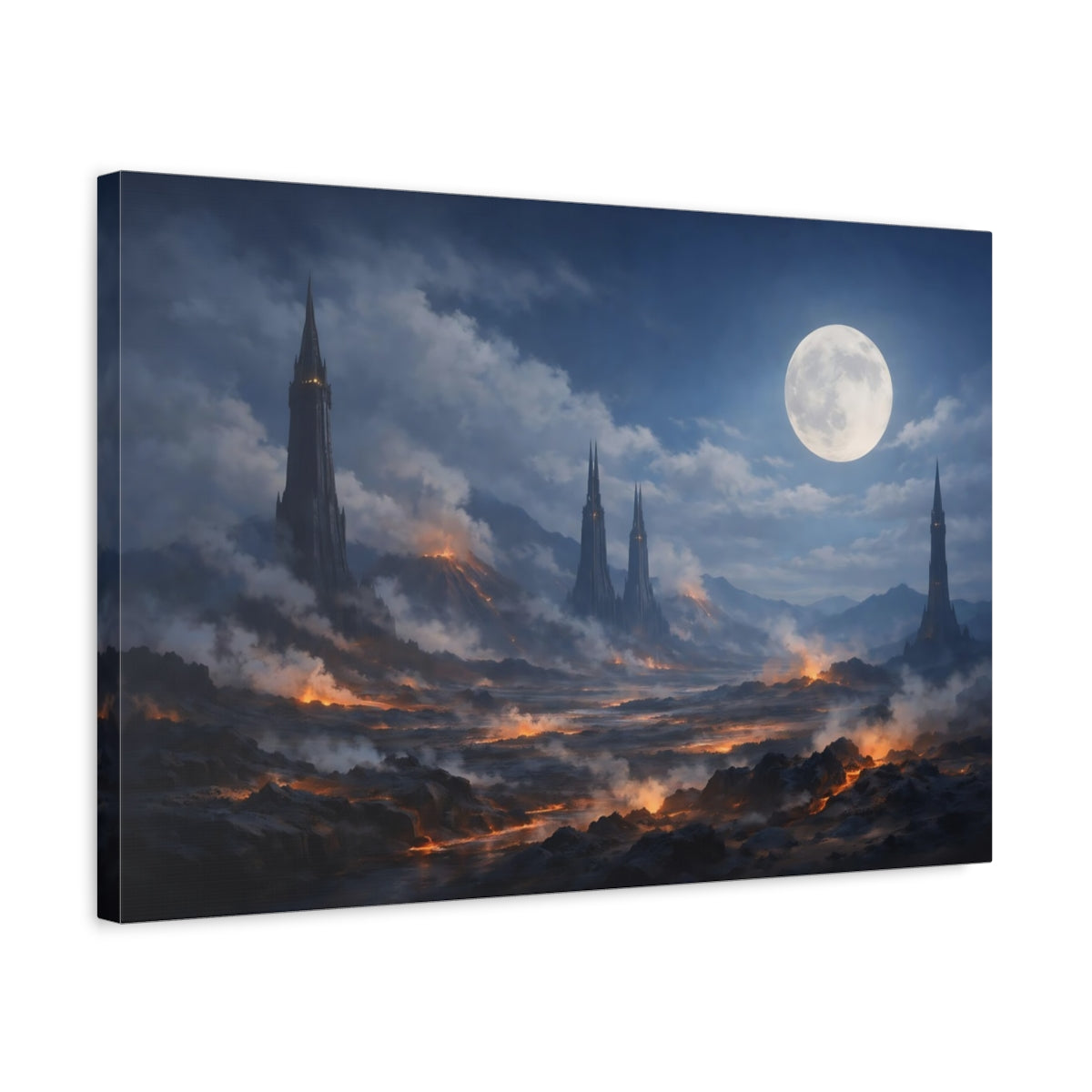Side Mockup 3. Science Fiction Fantasy Towers Dark Fantasy Landscape shown as stretched canvas wall art
