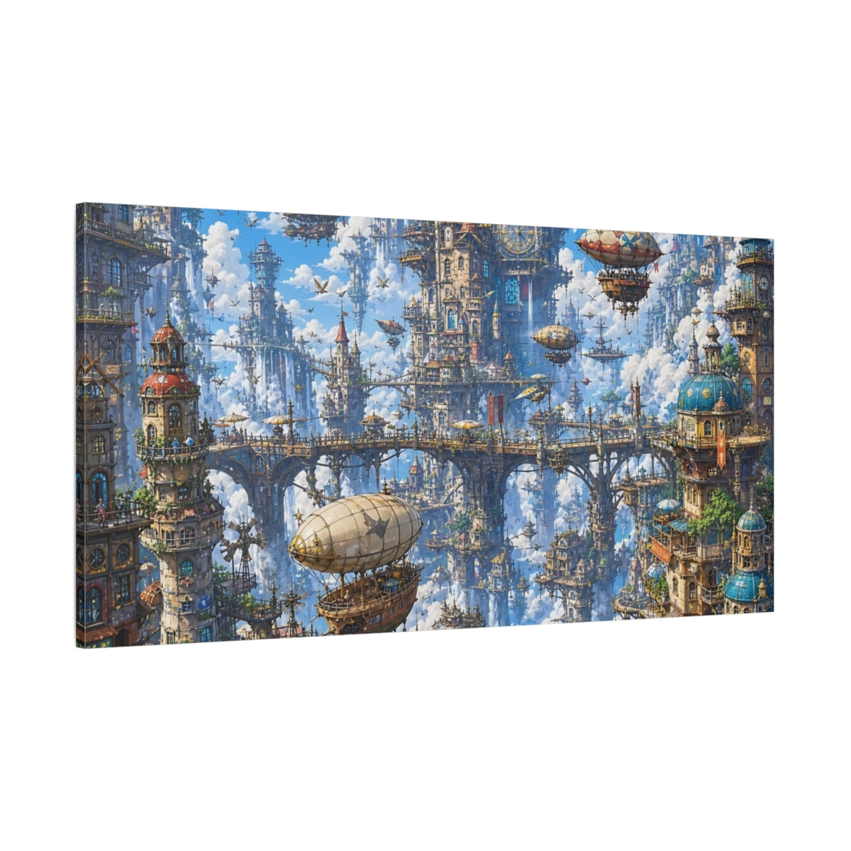 Side Mockup 2. Science Fiction Floating City Blue Steampunk City shown as stretched canvas wall art